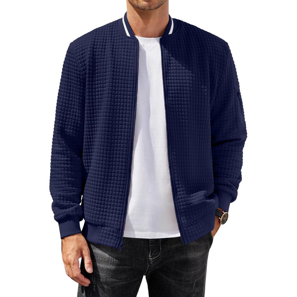 imageCOOFANDY Mens Zip Up Sweater Jacket Waffle Sweatshirt Knit Bomber Lightweight Casual JacketsBright Navy