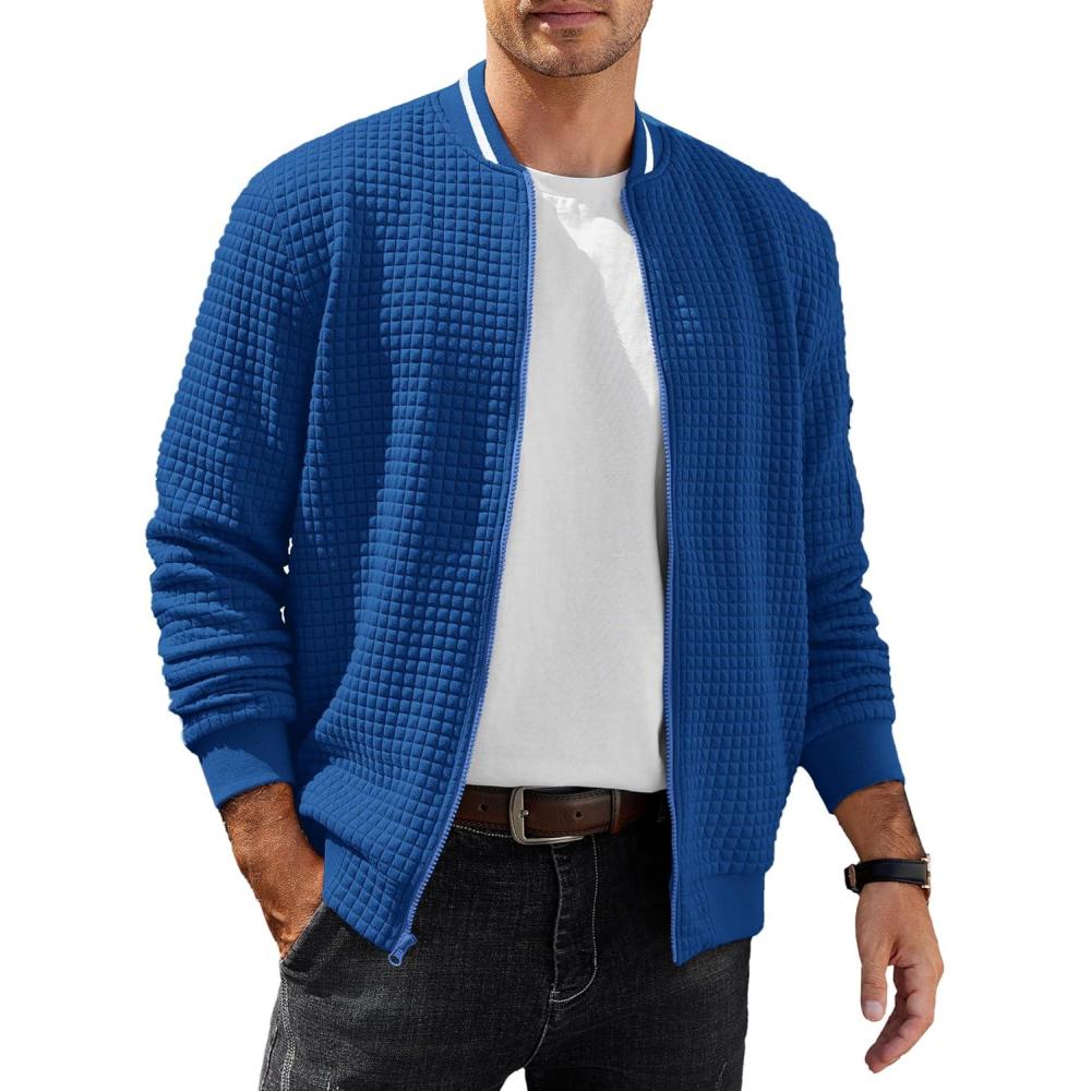 imageCOOFANDY Mens Zip Up Sweater Jacket Waffle Sweatshirt Knit Bomber Lightweight Casual JacketsDenim Blue
