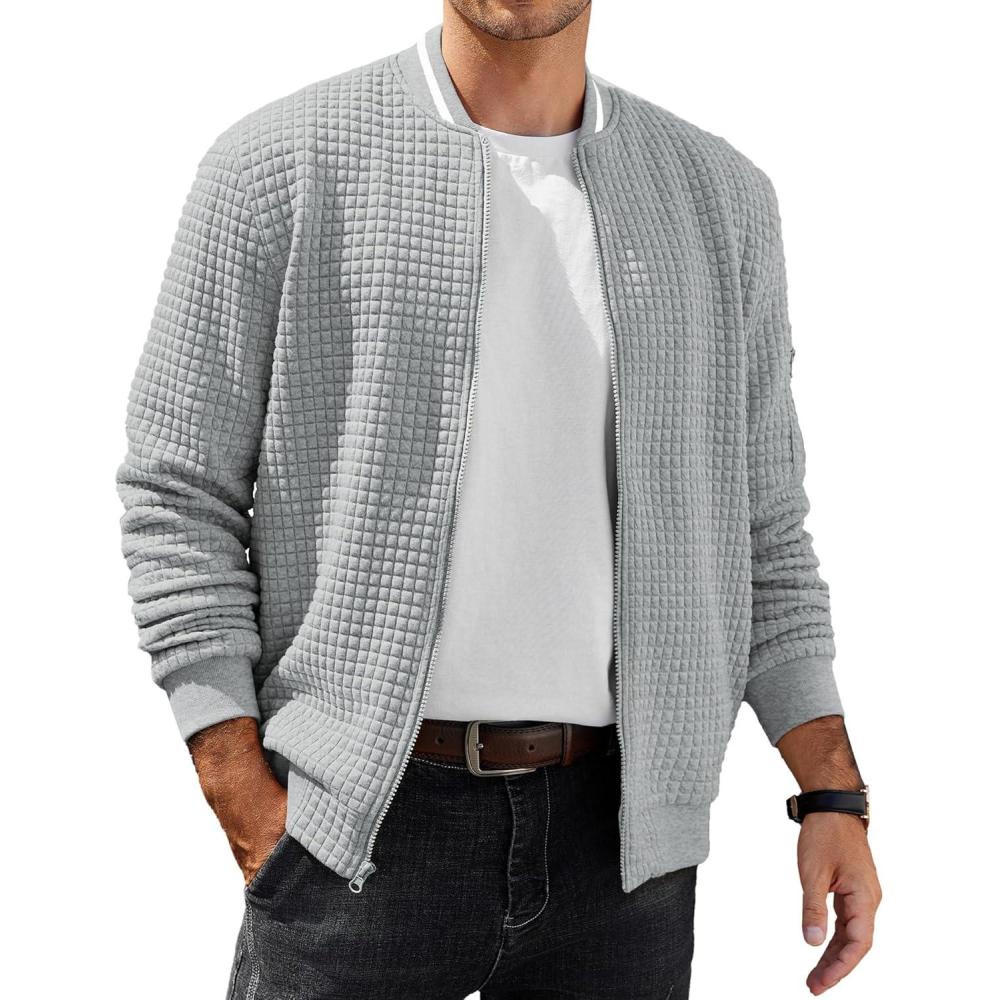 imageCOOFANDY Mens Zip Up Sweater Jacket Waffle Sweatshirt Knit Bomber Lightweight Casual JacketsLight Grey