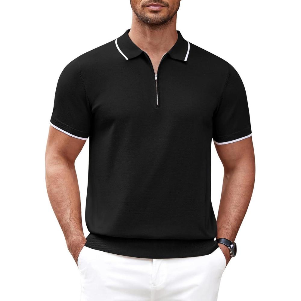 imageCOOFANDY Mens Zipper Polo Shirt Casual Knit Short Sleeve Polo T Shirt Classic Fit Shirts1black