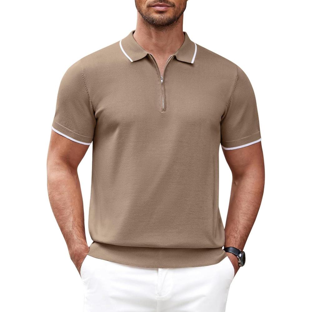 imageCOOFANDY Mens Zipper Polo Shirt Casual Knit Short Sleeve Polo T Shirt Classic Fit Shirts1khaki