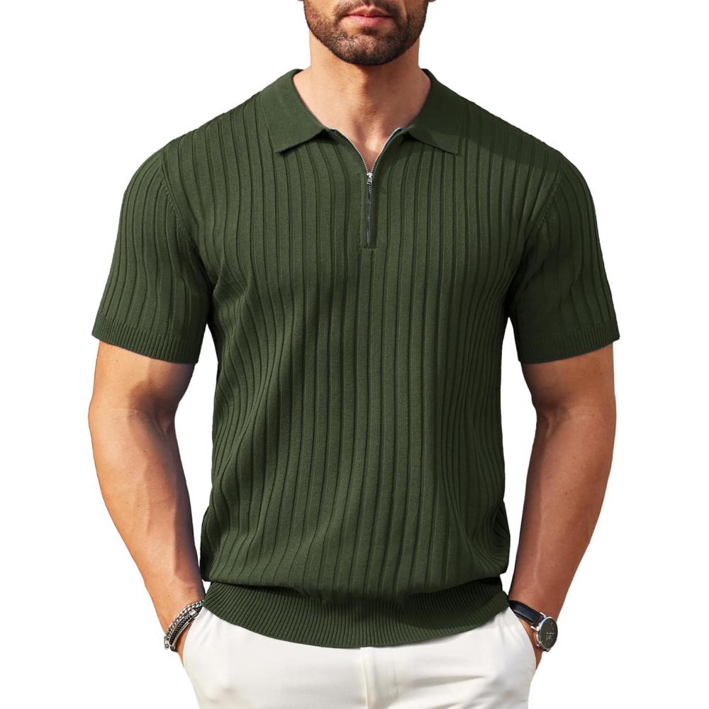 imageCOOFANDY Mens Zipper Polo Shirt Casual Knit Short Sleeve Polo T Shirt Classic Fit ShirtsArmy Green