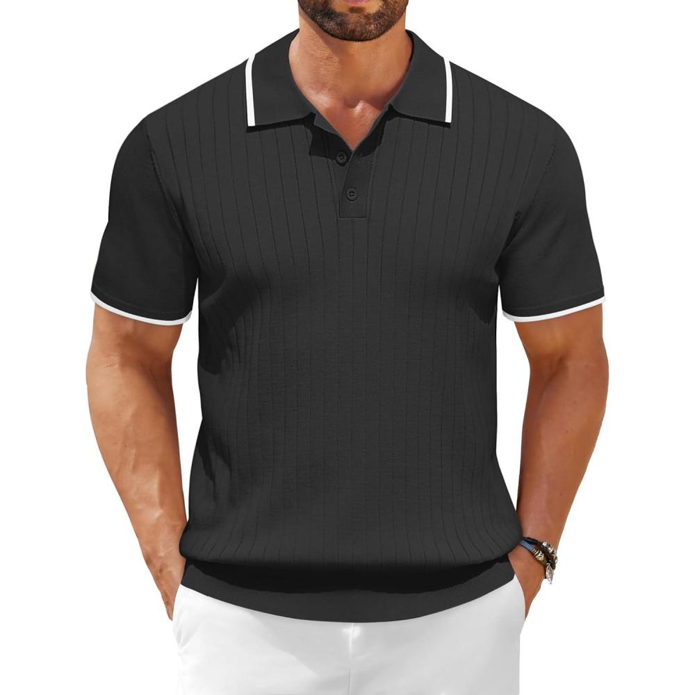 imageCOOFANDY Mens Zipper Polo Shirt Casual Knit Short Sleeve Polo T Shirt Classic Fit ShirtsBlackwhite