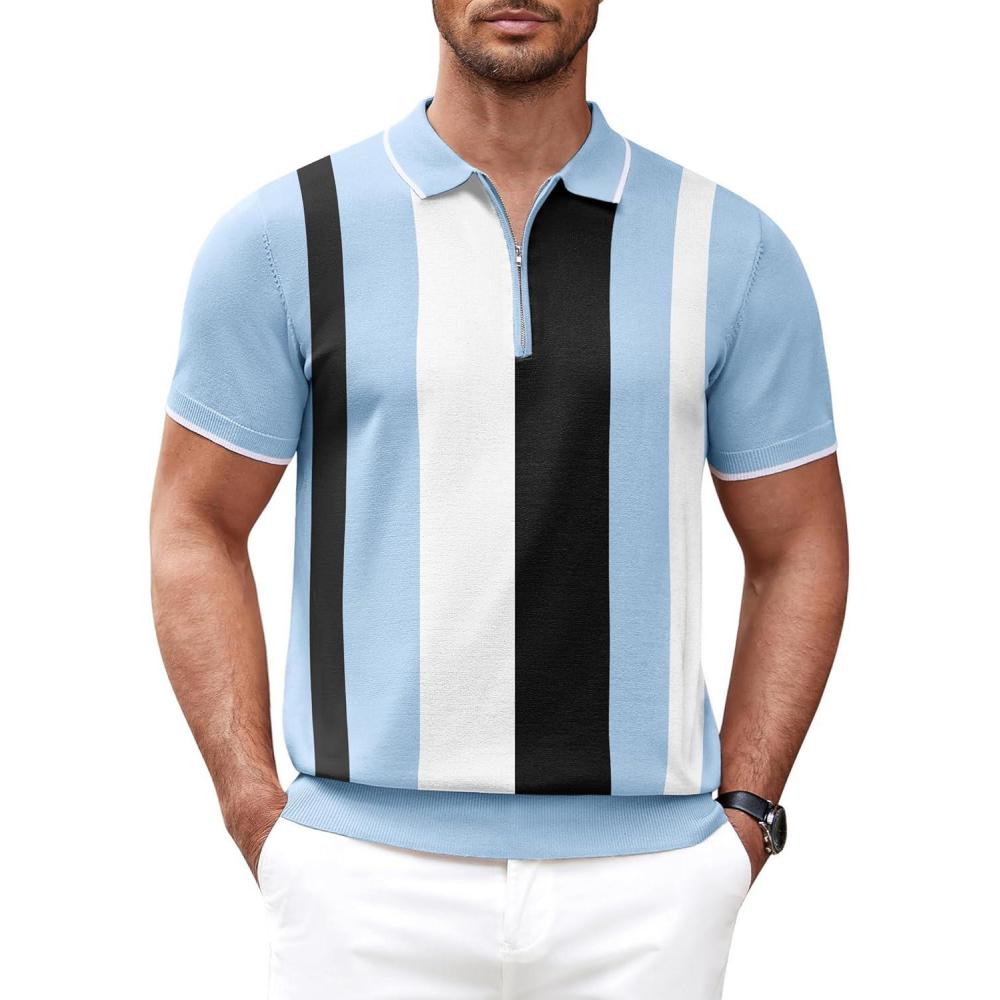 imageCOOFANDY Mens Zipper Polo Shirt Casual Knit Short Sleeve Polo T Shirt Classic Fit ShirtsBlue Stripes
