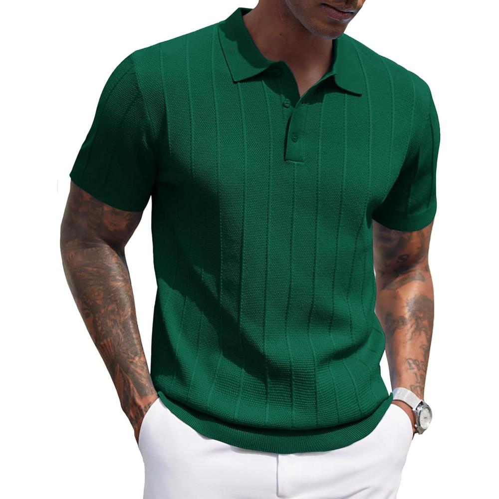 imageCOOFANDY Mens Zipper Polo Shirt Casual Knit Short Sleeve Polo T Shirt Classic Fit ShirtsDark Green