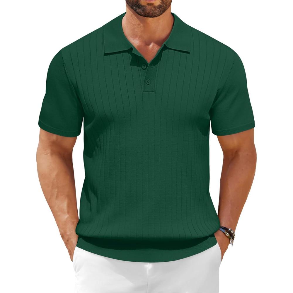 imageCOOFANDY Mens Zipper Polo Shirt Casual Knit Short Sleeve Polo T Shirt Classic Fit ShirtsDeep Green
