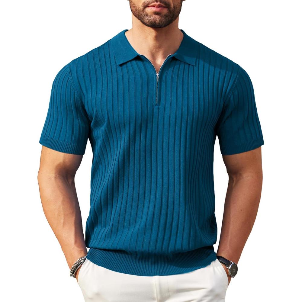 imageCOOFANDY Mens Zipper Polo Shirt Casual Knit Short Sleeve Polo T Shirt Classic Fit ShirtsDenim Blue
