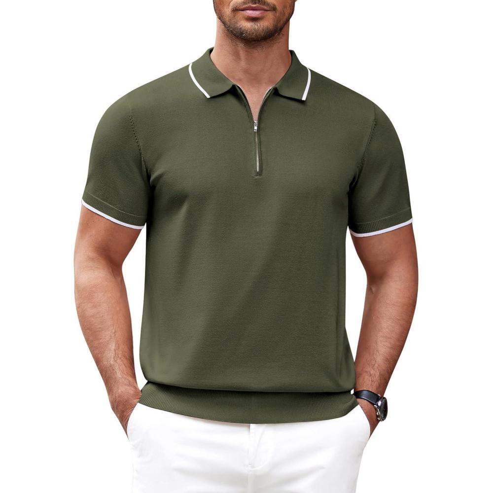 imageCOOFANDY Mens Zipper Polo Shirt Casual Knit Short Sleeve Polo T Shirt Classic Fit ShirtsEarmy Green