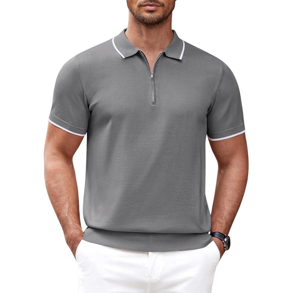 imageCOOFANDY Mens Zipper Polo Shirt Casual Knit Short Sleeve Polo T Shirt Classic Fit ShirtsGray