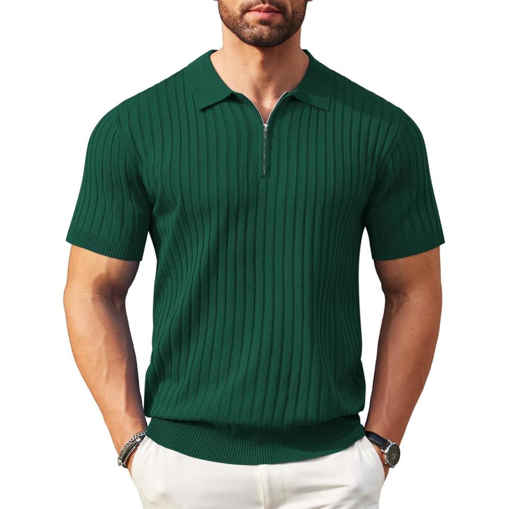 imageCOOFANDY Mens Zipper Polo Shirt Casual Knit Short Sleeve Polo T Shirt Classic Fit ShirtsHunter Green