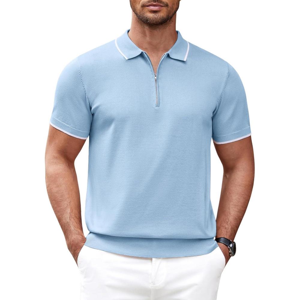 imageCOOFANDY Mens Zipper Polo Shirt Casual Knit Short Sleeve Polo T Shirt Classic Fit ShirtsLight Blue