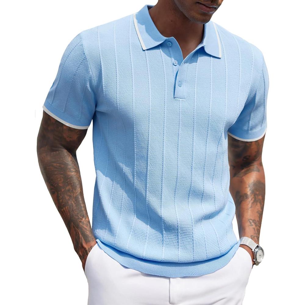 imageCOOFANDY Mens Zipper Polo Shirt Casual Knit Short Sleeve Polo T Shirt Classic Fit ShirtsLight Blue White Striped