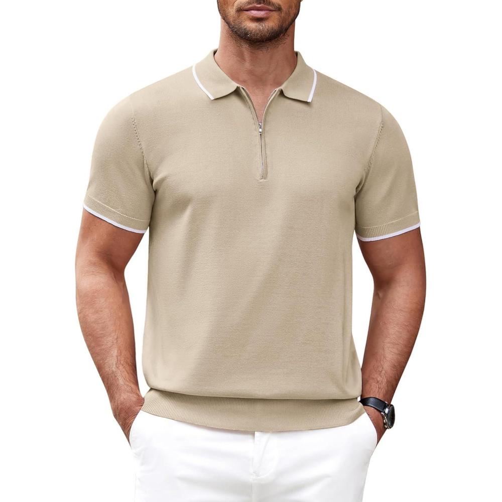 imageCOOFANDY Mens Zipper Polo Shirt Casual Knit Short Sleeve Polo T Shirt Classic Fit ShirtsLight Khaki