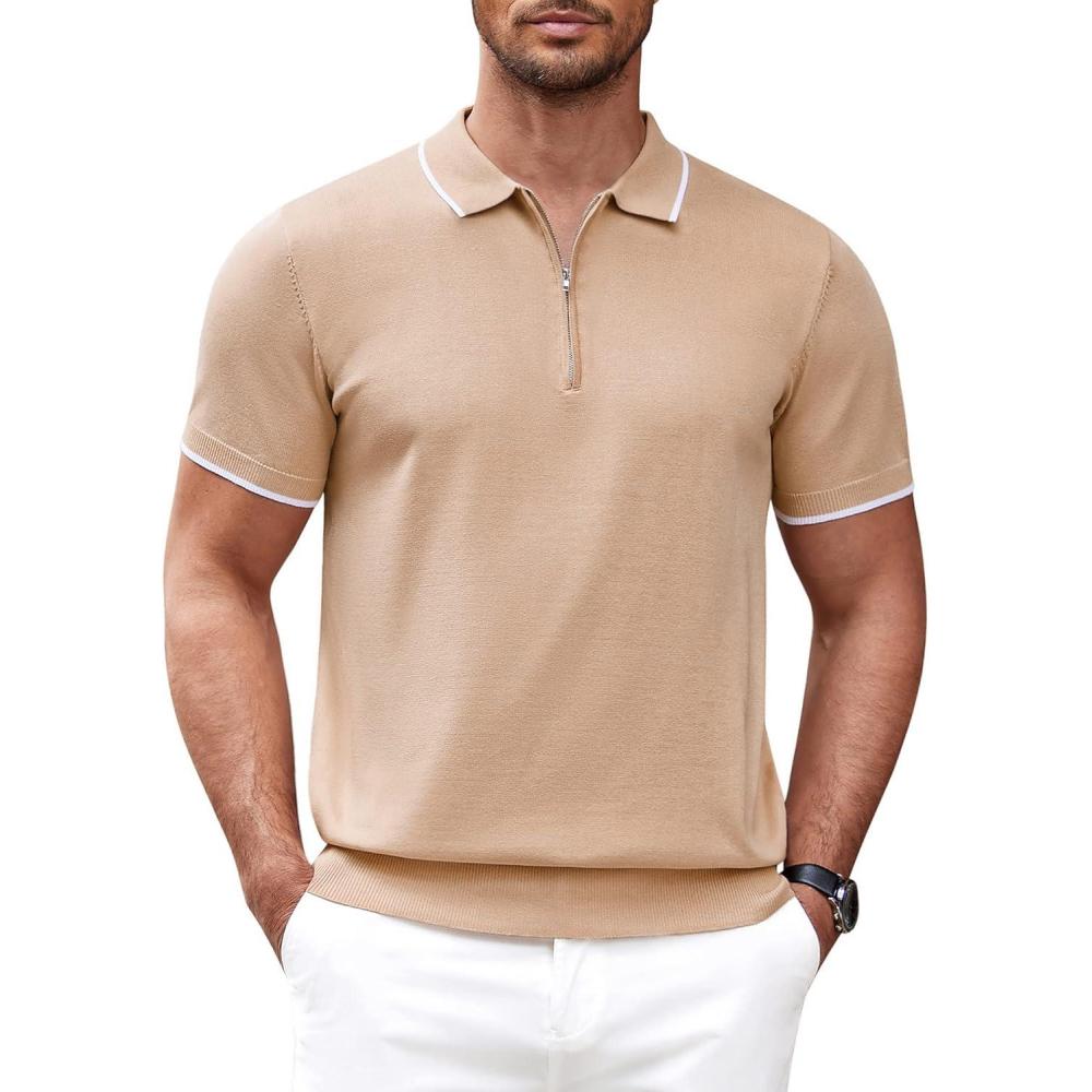 imageCOOFANDY Mens Zipper Polo Shirt Casual Knit Short Sleeve Polo T Shirt Classic Fit ShirtsLight Tan