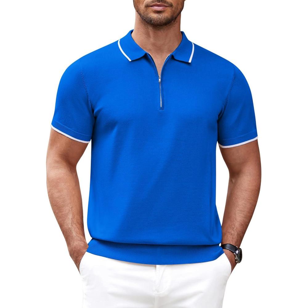 imageCOOFANDY Mens Zipper Polo Shirt Casual Knit Short Sleeve Polo T Shirt Classic Fit ShirtsRoyal Blue