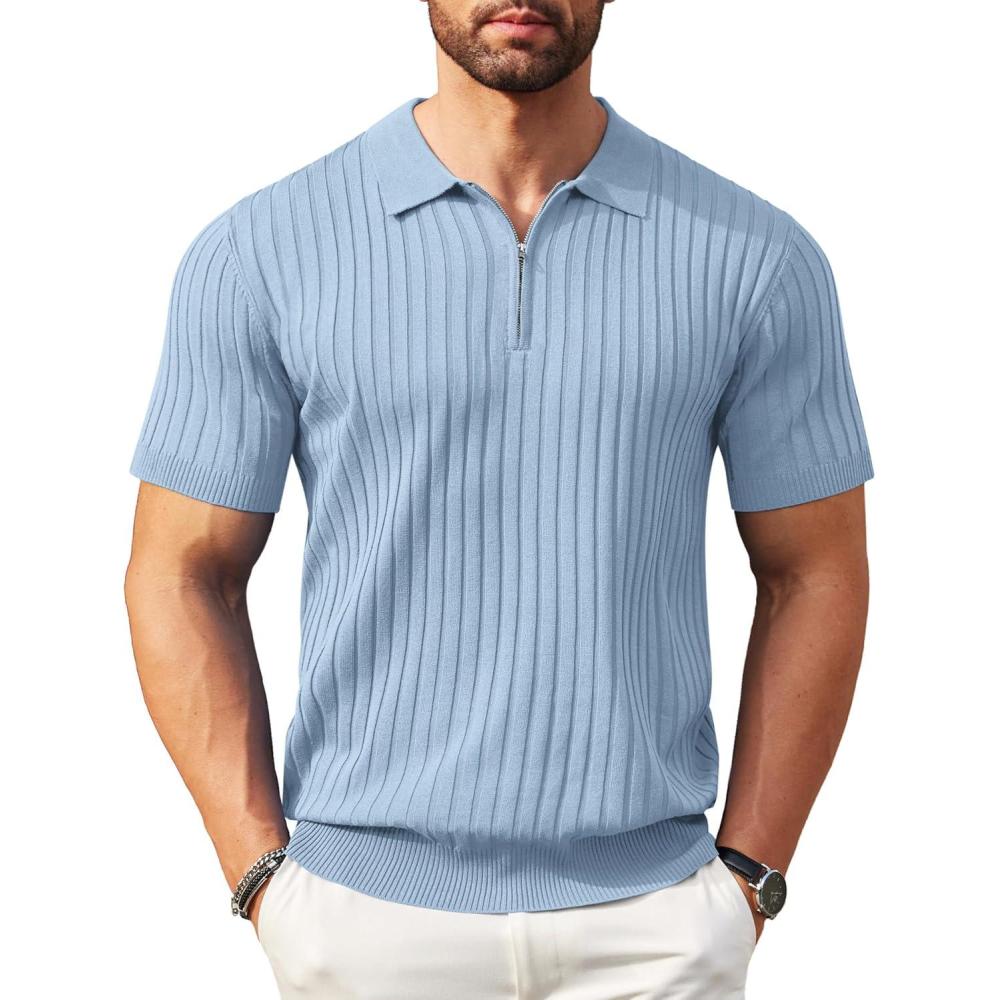 imageCOOFANDY Mens Zipper Polo Shirt Casual Knit Short Sleeve Polo T Shirt Classic Fit ShirtsSky Blue