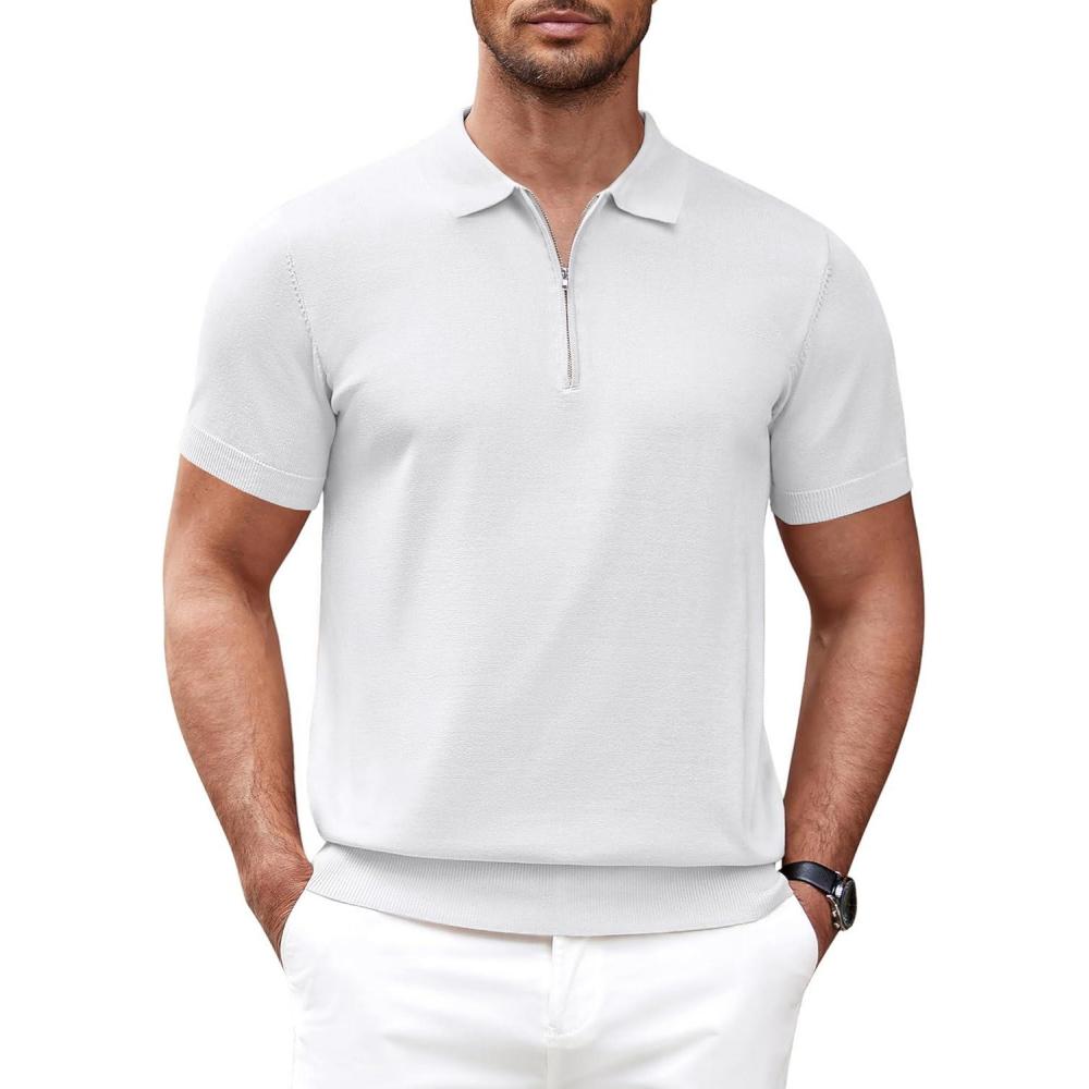 imageCOOFANDY Mens Zipper Polo Shirt Casual Knit Short Sleeve Polo T Shirt Classic Fit ShirtsSolid 01 White