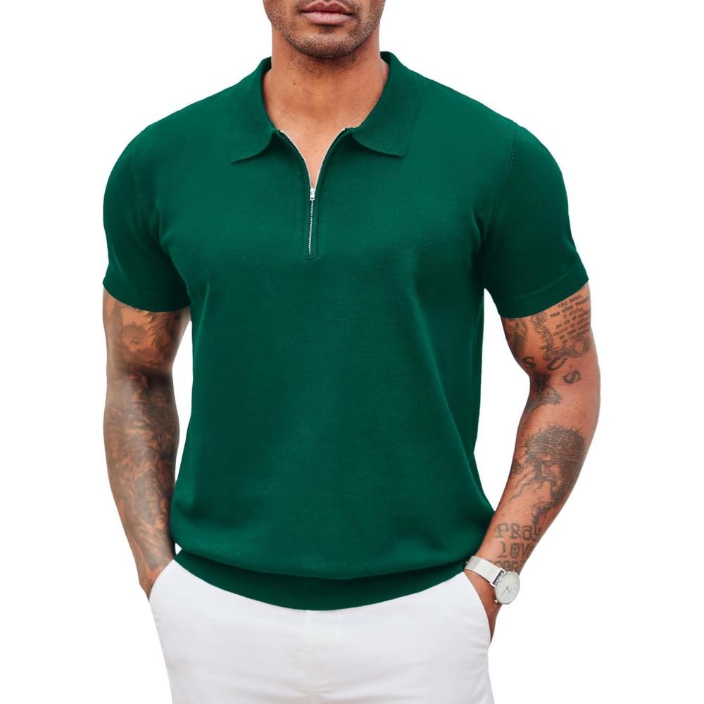 imageCOOFANDY Mens Zipper Polo Shirt Casual Knit Short Sleeve Polo T Shirt Classic Fit ShirtsSolid Green