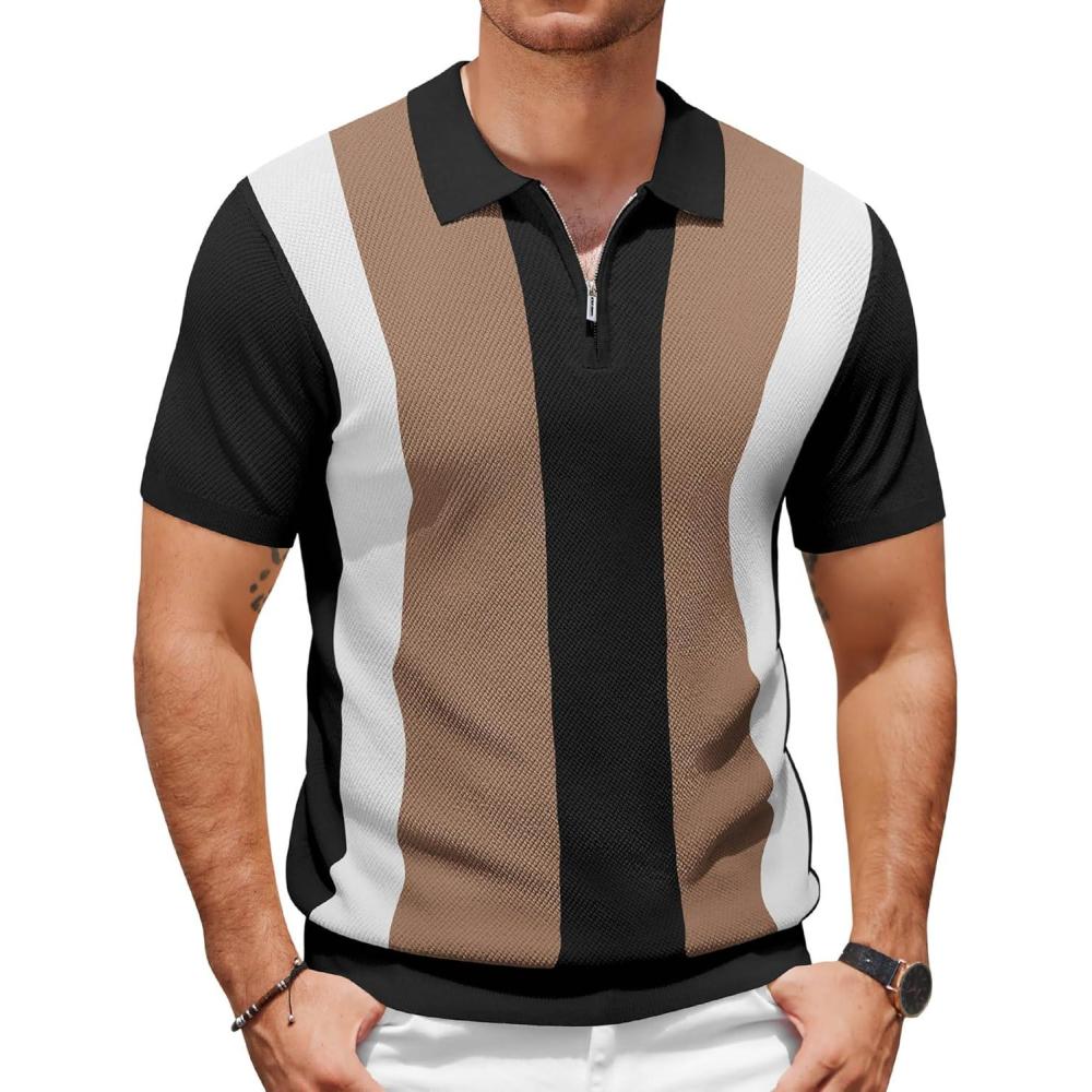 imageCOOFANDY Mens Zipper Polo Shirt Casual Knit Short Sleeve Polo T Shirt Classic Fit ShirtsStripes  Black  Khaki