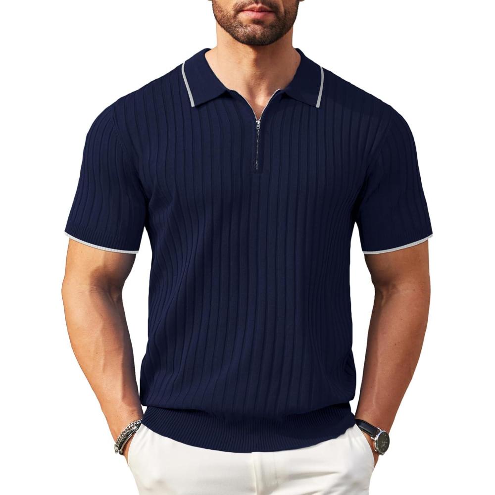 imageCOOFANDY Mens Zipper Polo Shirt Casual Knit Short Sleeve Polo T Shirt Classic Fit ShirtsStripes Navy Blue Stripes