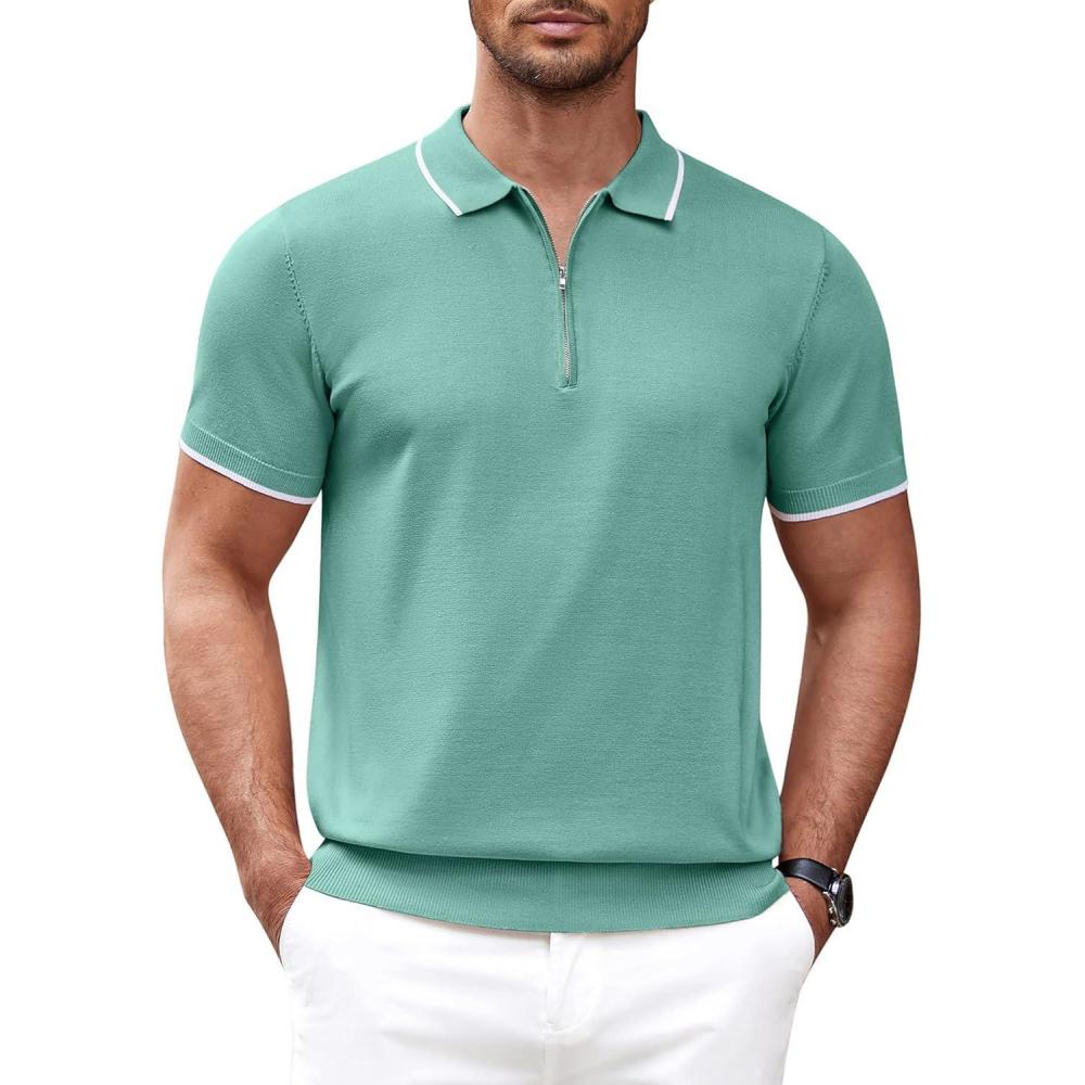 imageCOOFANDY Mens Zipper Polo Shirt Casual Knit Short Sleeve Polo T Shirt Classic Fit ShirtsTurquoise