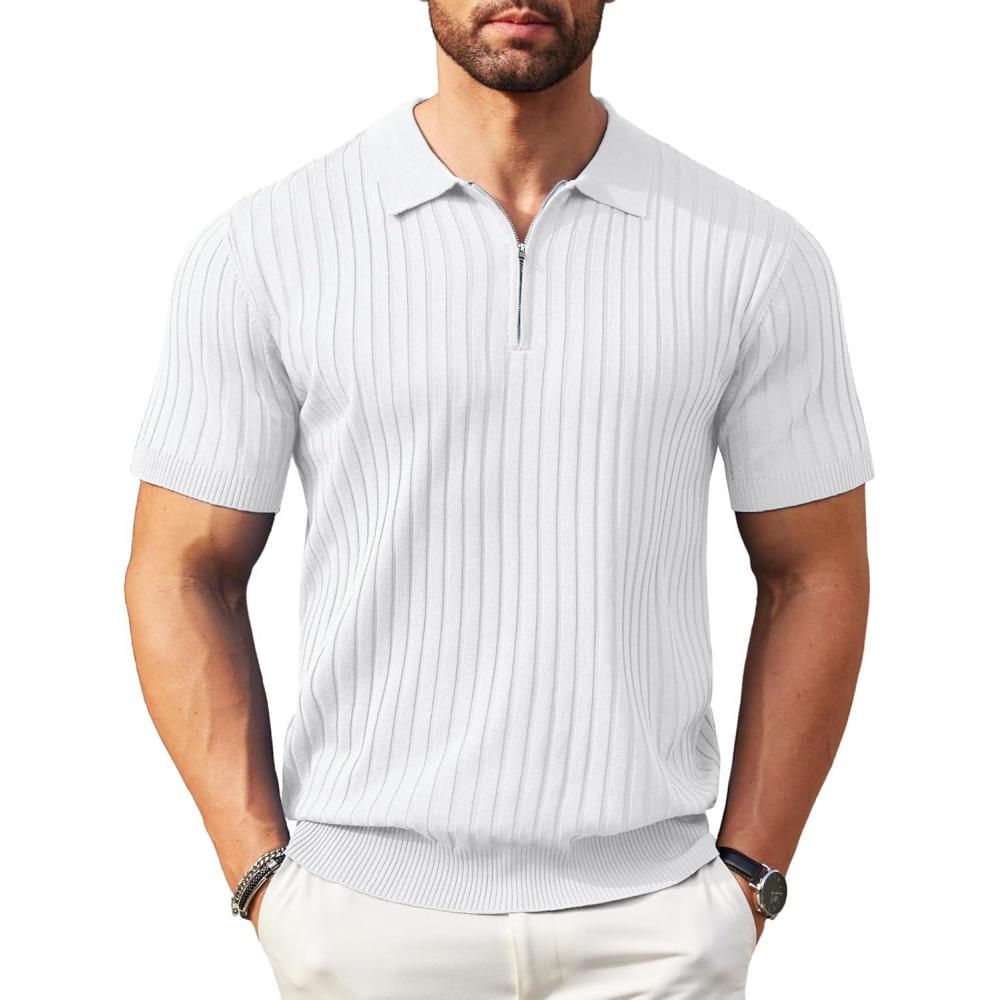 imageCOOFANDY Mens Zipper Polo Shirt Casual Knit Short Sleeve Polo T Shirt Classic Fit ShirtsWhite
