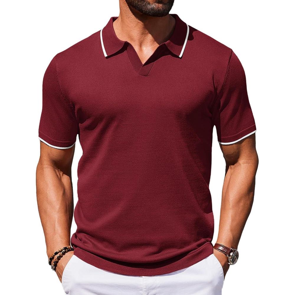 imageCOOFANDY Mens Zipper Polo Shirt Casual Knit Short Sleeve Polo T Shirt Classic Fit ShirtsWine Red