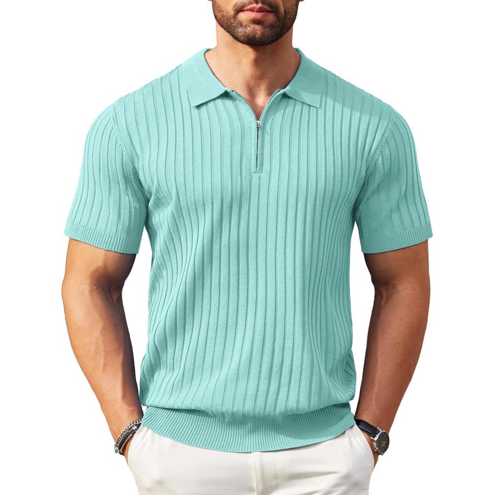 imageCOOFANDY Mens Zipper Polo Shirts Short Sleeve Ribbed Knit Polo T Shirts Fashion Casual Golf ShirtsGreen
