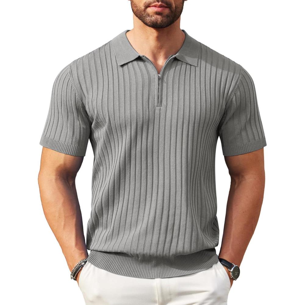 imageCOOFANDY Mens Zipper Polo Shirts Short Sleeve Ribbed Knit Polo T Shirts Fashion Casual Golf ShirtsLight Grey
