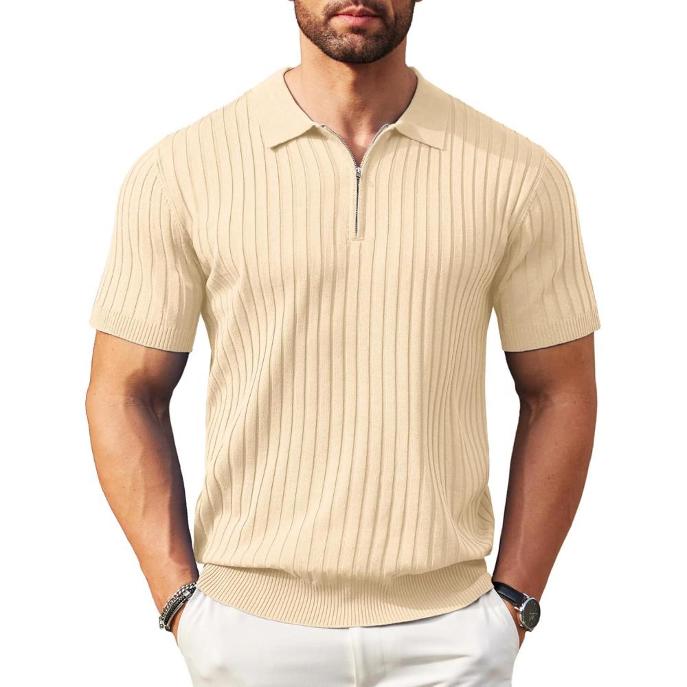 imageCOOFANDY Mens Zipper Polo Shirts Short Sleeve Ribbed Knit Polo T Shirts Fashion Casual Golf ShirtsLight Khaki