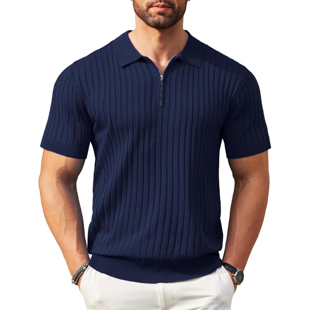 imageCOOFANDY Mens Zipper Polo Shirts Short Sleeve Ribbed Knit Polo T Shirts Fashion Casual Golf ShirtsNavy Blue