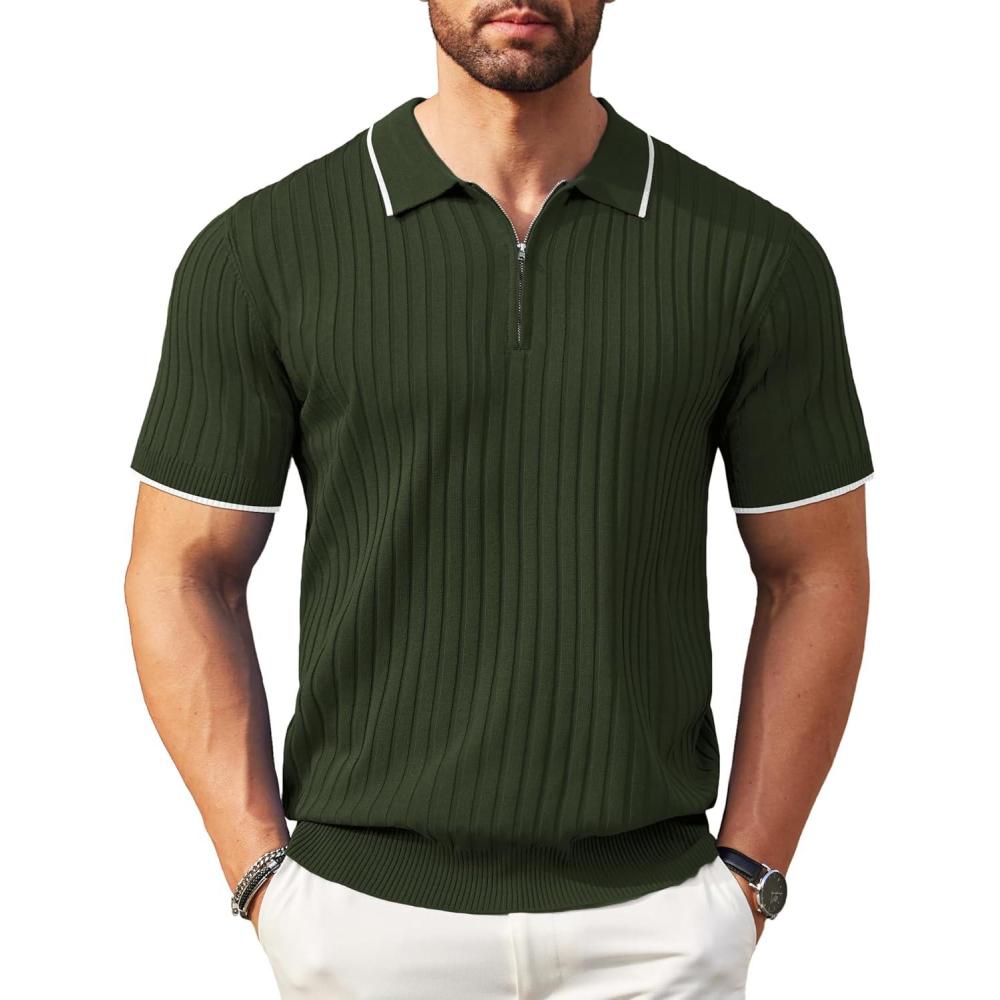 imageCOOFANDY Mens Zipper Polo Shirts Short Sleeve Ribbed Knit Polo T Shirts Fashion Casual Golf ShirtsStripes Army Green Stripes