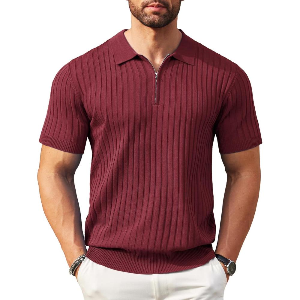 imageCOOFANDY Mens Zipper Polo Shirts Short Sleeve Ribbed Knit Polo T Shirts Fashion Casual Golf ShirtsWine Red