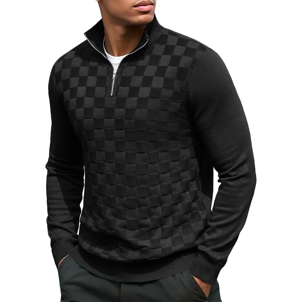 imageCOOFANDY Quarter Zip Pullover Men Dress Sweaters Long Sleeve Jacquard Checkered SweaterBlack