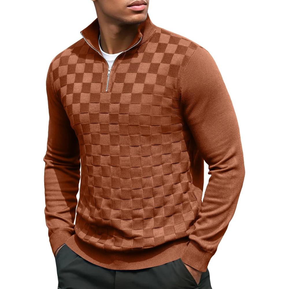 imageCOOFANDY Quarter Zip Pullover Men Dress Sweaters Long Sleeve Jacquard Checkered SweaterBrown
