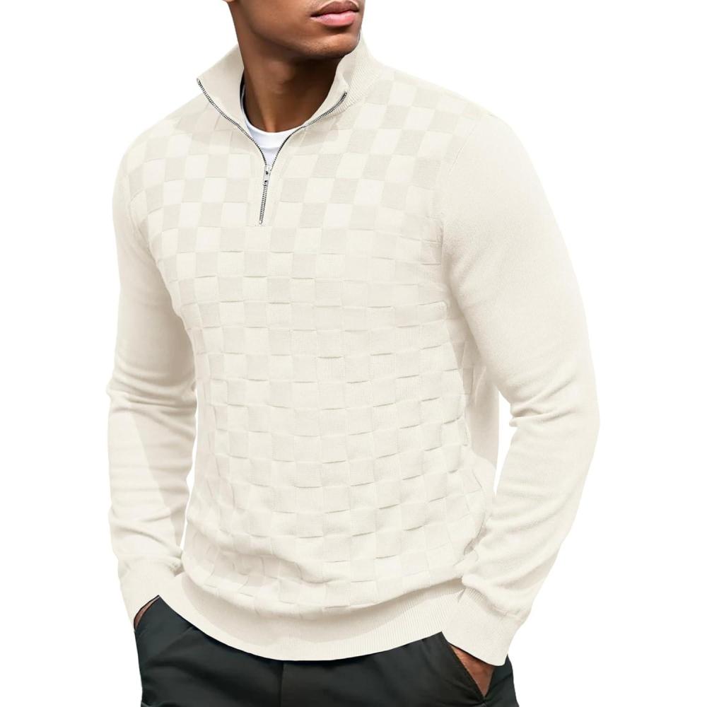 imageCOOFANDY Quarter Zip Pullover Men Dress Sweaters Long Sleeve Jacquard Checkered SweaterChampagne
