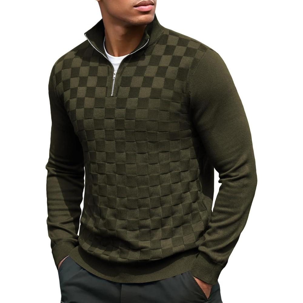 imageCOOFANDY Quarter Zip Pullover Men Dress Sweaters Long Sleeve Jacquard Checkered SweaterDeep Green