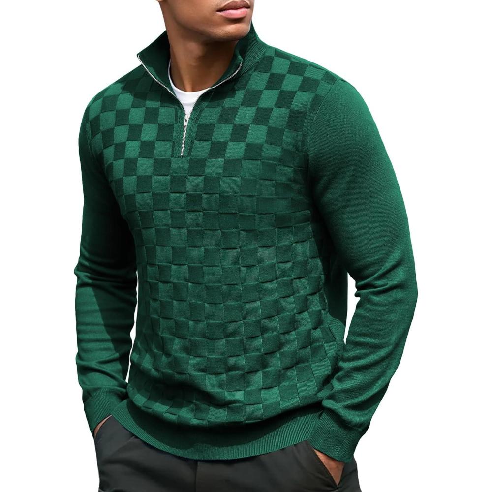imageCOOFANDY Quarter Zip Pullover Men Dress Sweaters Long Sleeve Jacquard Checkered SweaterGreen