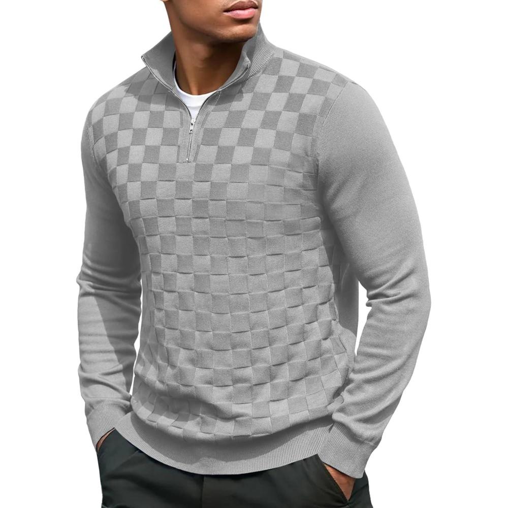 imageCOOFANDY Quarter Zip Pullover Men Dress Sweaters Long Sleeve Jacquard Checkered SweaterGrey