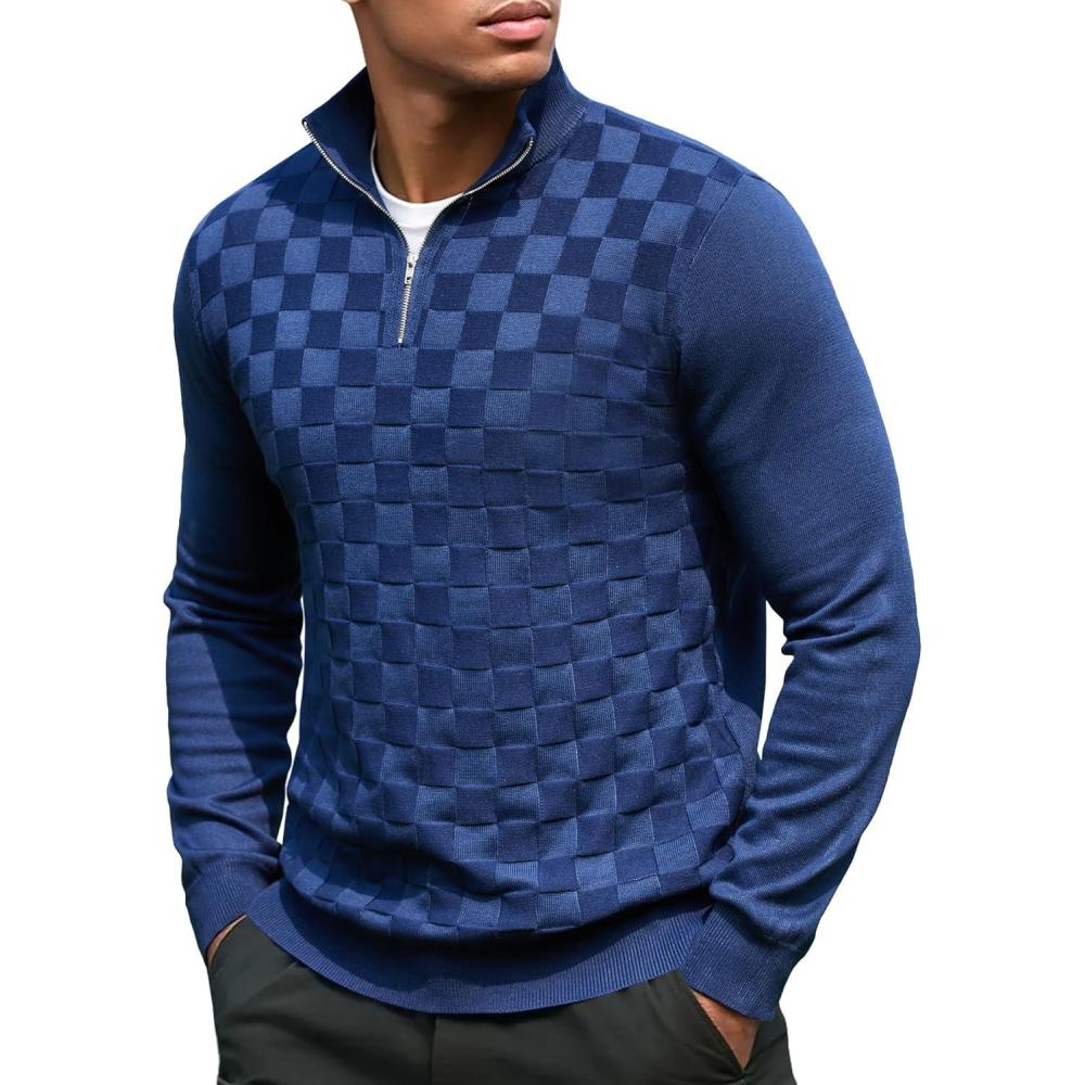 imageCOOFANDY Quarter Zip Pullover Men Dress Sweaters Long Sleeve Jacquard Checkered SweaterNavy Blue