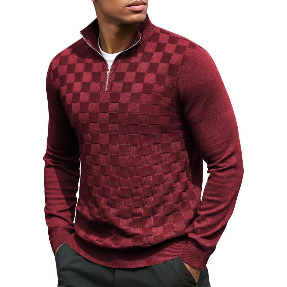 imageCOOFANDY Quarter Zip Pullover Men Dress Sweaters Long Sleeve Jacquard Checkered SweaterWine Red
