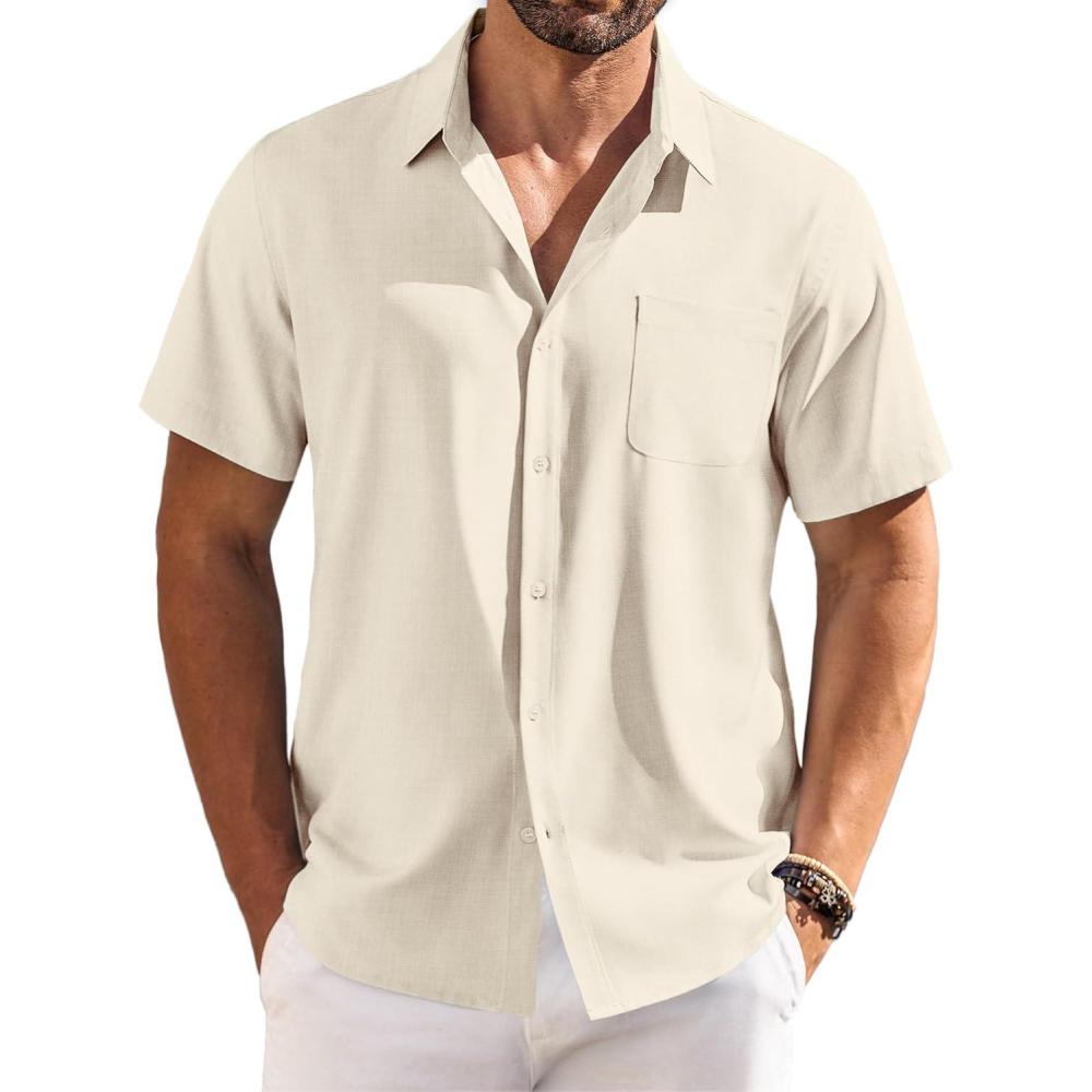 imageCOOFANDY Shirts for Men Short Sleeve Button Down Shirt Casual Summer Beach ShirtsBeige