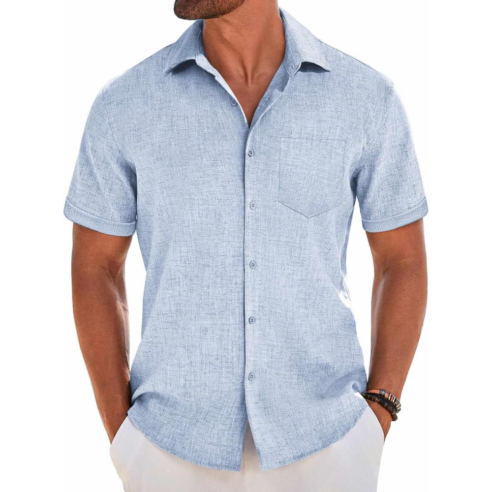 imageCOOFANDY Shirts for Men Short Sleeve Button Down Shirt Casual Summer Beach ShirtsBlue