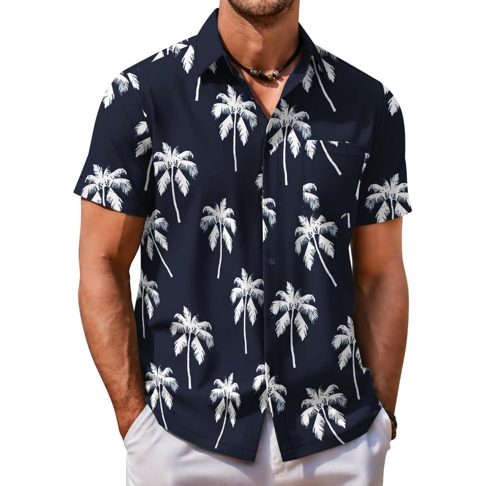 imageCOOFANDY Shirts for Men Short Sleeve Button Down Shirt Casual Summer Beach ShirtsCoconut Treedark Blue