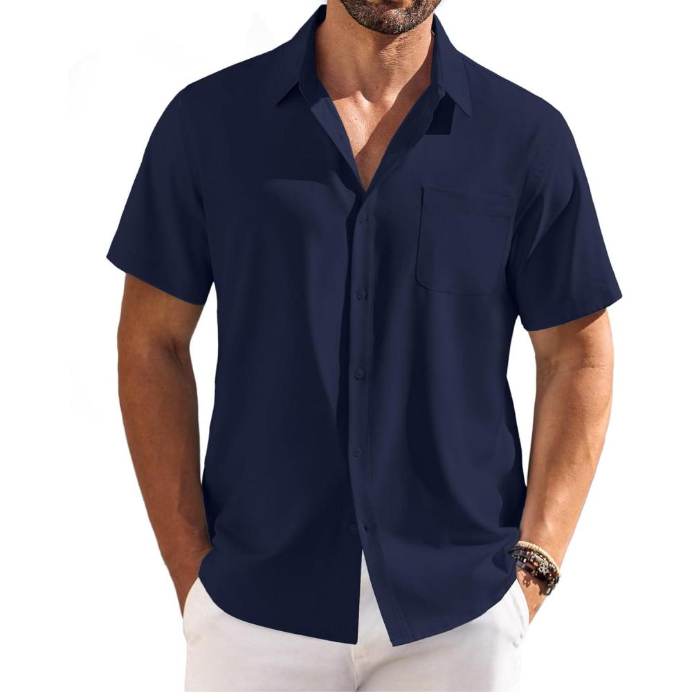 imageCOOFANDY Shirts for Men Short Sleeve Button Down Shirt Casual Summer Beach ShirtsDark Blue