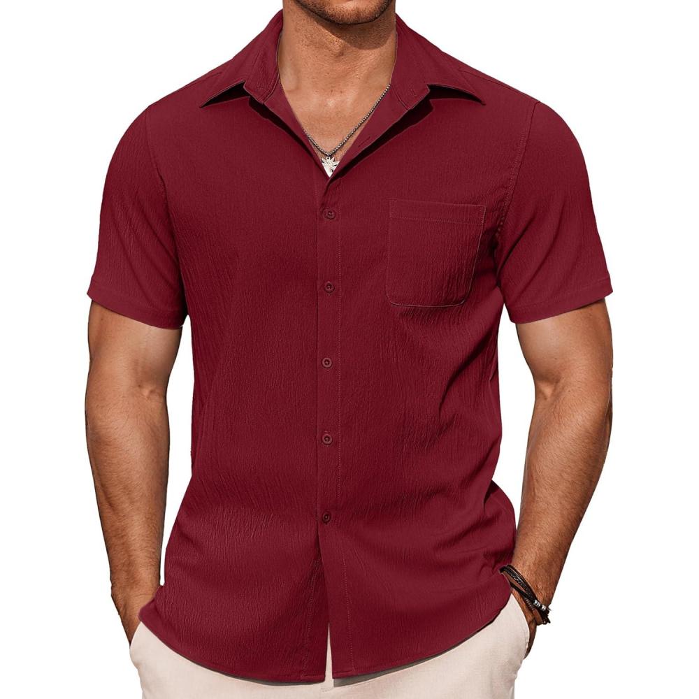 imageCOOFANDY Shirts for Men Short Sleeve Button Down Shirt Casual Summer Beach ShirtsDark Red