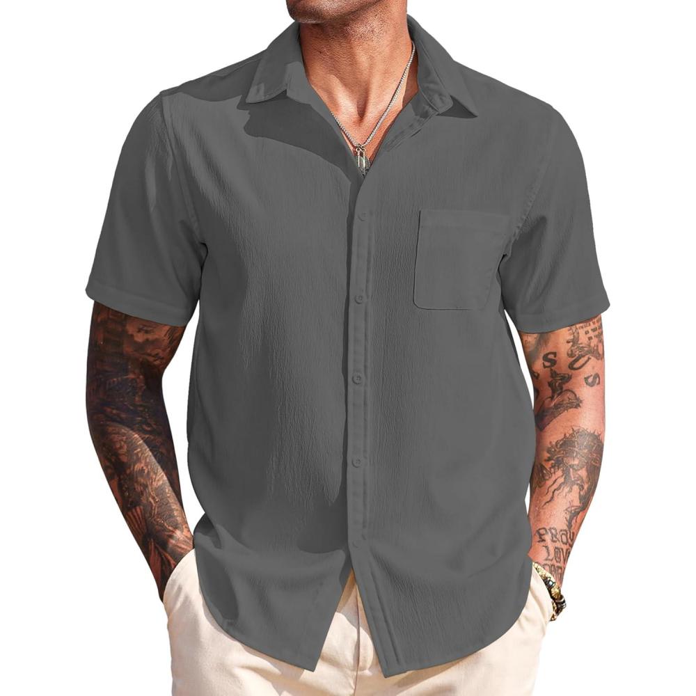 imageCOOFANDY Shirts for Men Short Sleeve Button Down Shirt Casual Summer Beach ShirtsGranite Gray