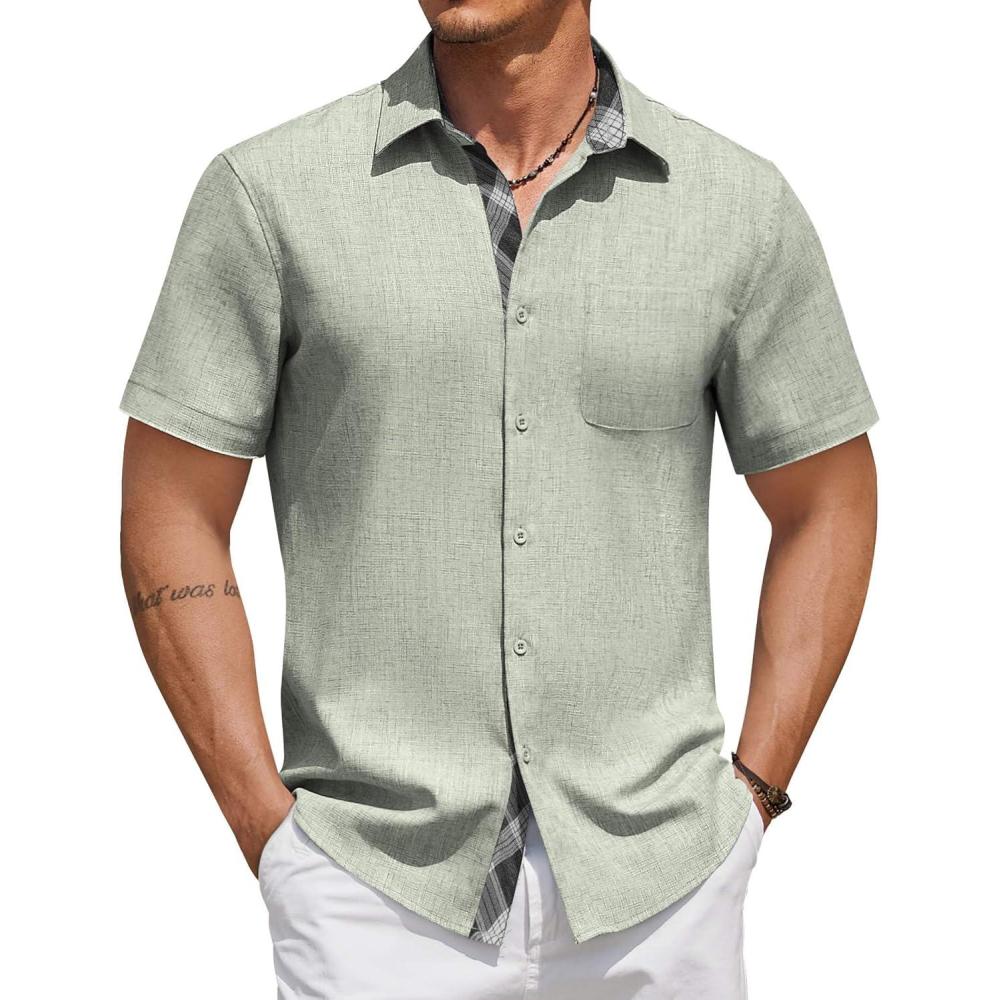 imageCOOFANDY Shirts for Men Short Sleeve Button Down Shirt Casual Summer Beach ShirtsGreen