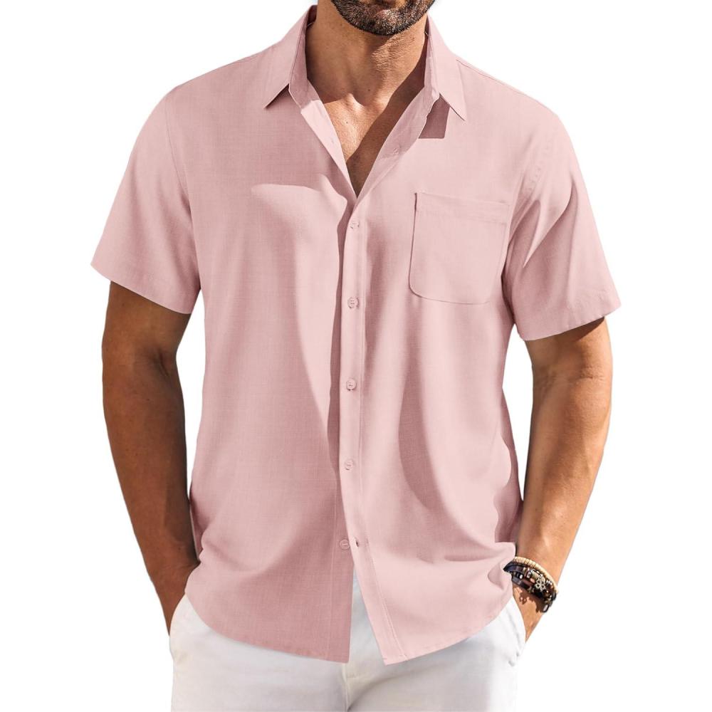 imageCOOFANDY Shirts for Men Short Sleeve Button Down Shirt Casual Summer Beach ShirtsLight Pink