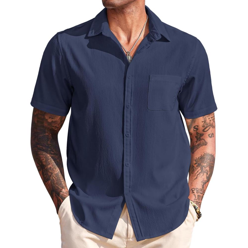 imageCOOFANDY Shirts for Men Short Sleeve Button Down Shirt Casual Summer Beach ShirtsMedieval Blue